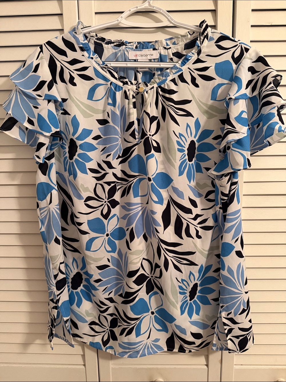 Liz Claiborne White Floral Top with Blue & Black Accents